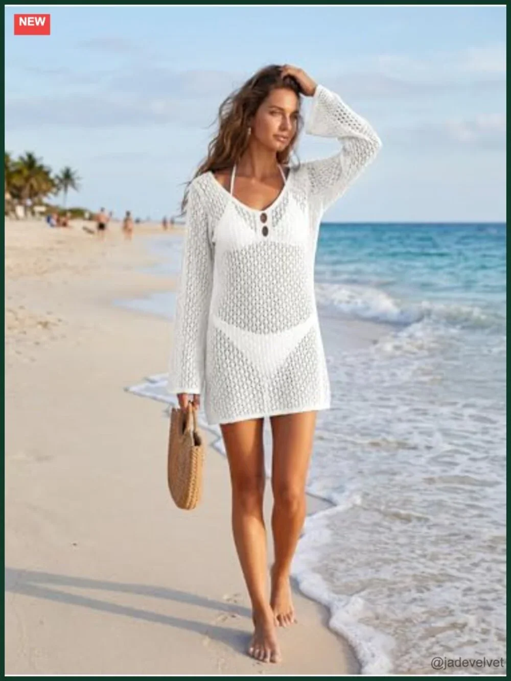 Crochet Swimsuit Coverup V Neck Long Sleeve Backless Beach Dress Bikini Cover Up